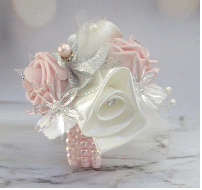 light pink and silver prom corsage, baby pink and silver wrist corsage